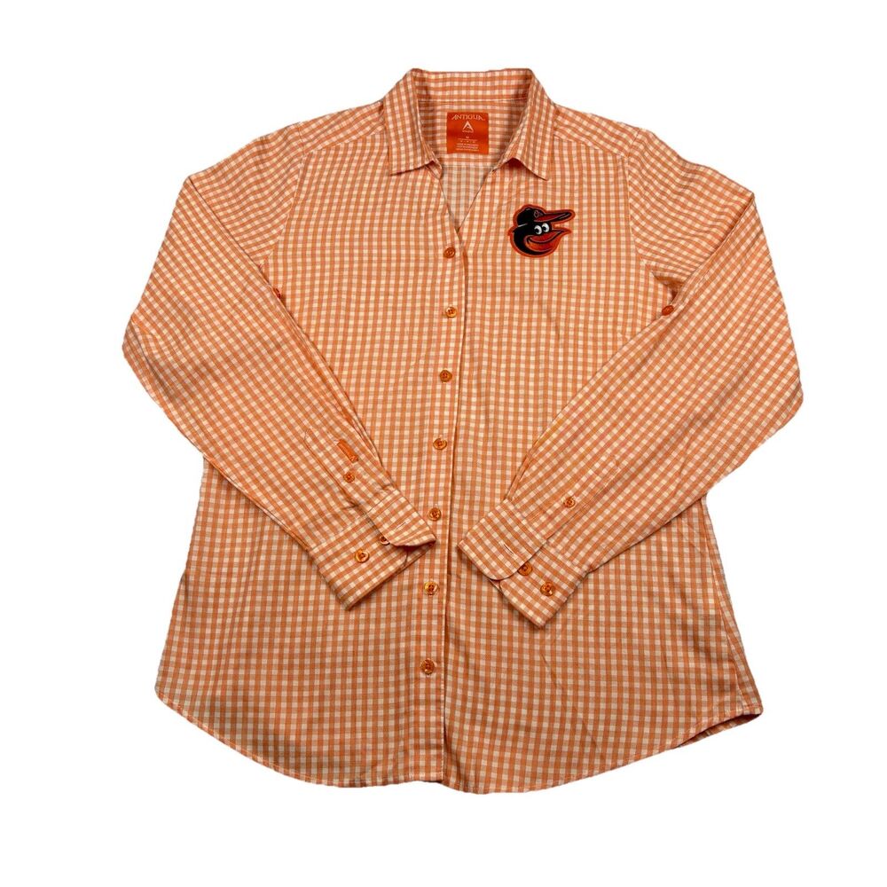 Baltimore Orioles MLB Antigua Orange White Check Button Up Shirt Womens M NWOT
